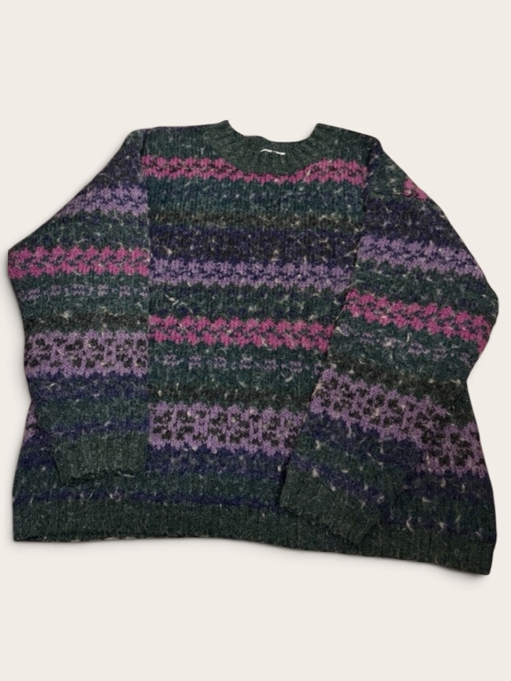 VINTAGE NY Jeans XL Fair Isle Wool Blend Sweater 90s Green Purple Grandpa Knit